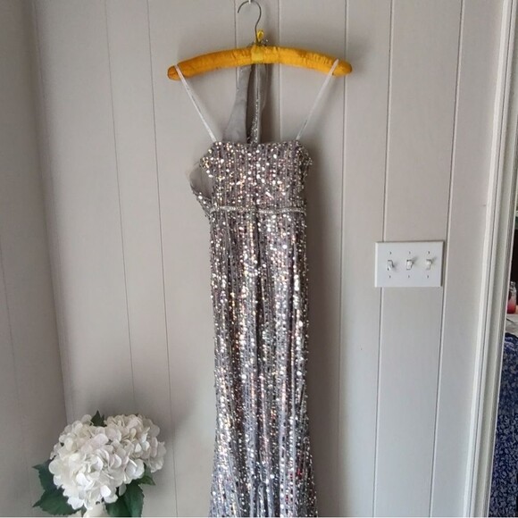 Camille La Vie Silver Sequin Halter Gown | Formal Prom Dress with Train | Size 6 - Picture 6 of 11